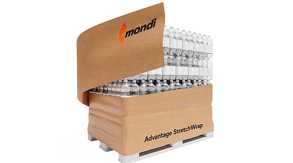 Mondi's Advntage StretchWrap packaging wrapped around a ballet of plastic water bottles on a white background